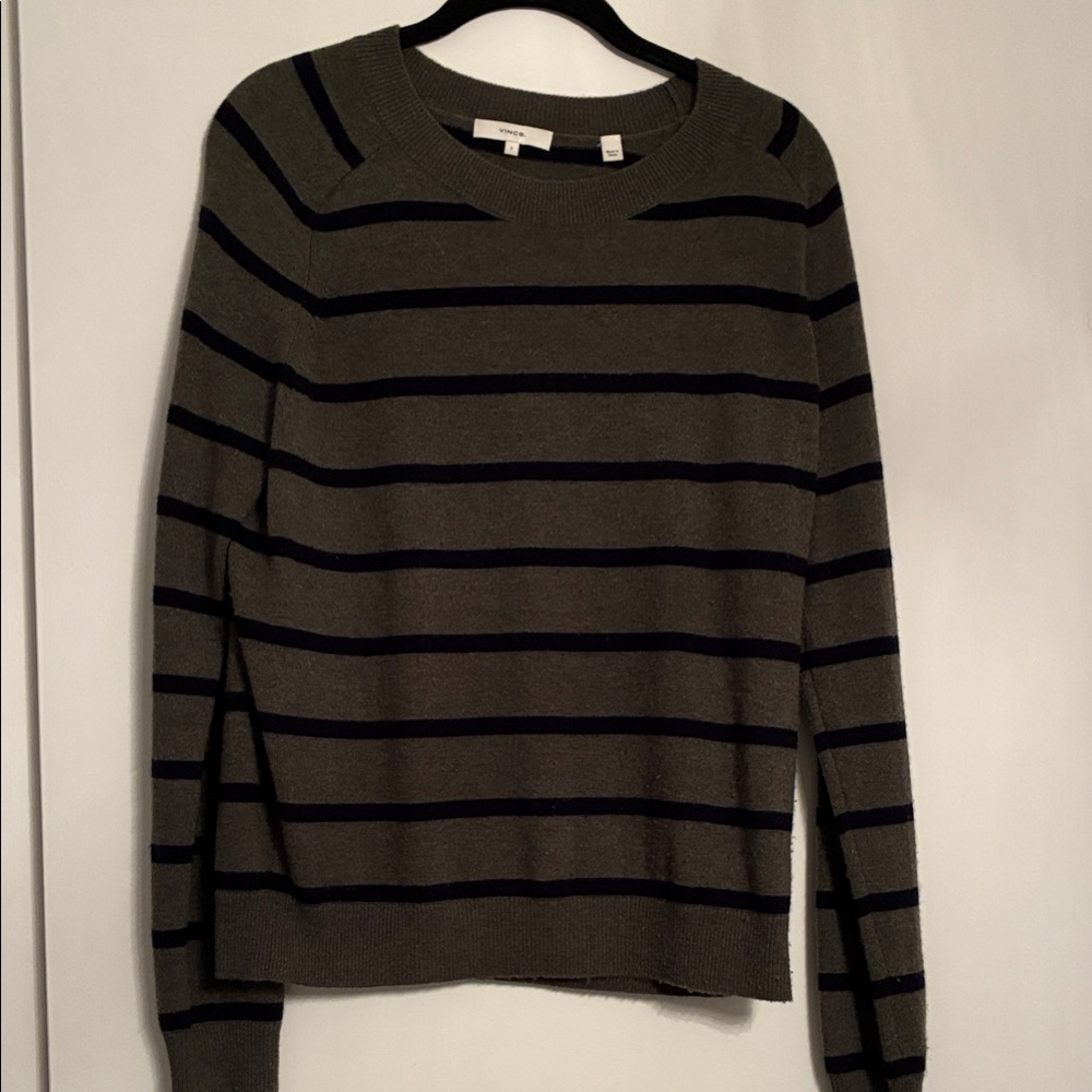 Vince Olive and Black Striped Crewneck Sweater
